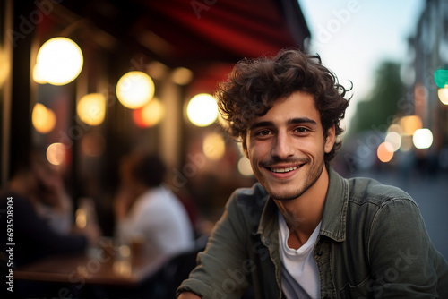 Generative AI portrait of young person sitting dreamy in aroma cafeteria enjoying morning coffee