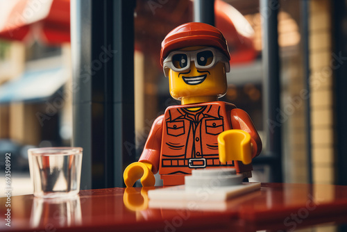 Generative AI portrait of funny lego man sitting dreamy in aroma cafeteria enjoying morning coffee photo