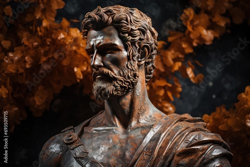 A beautiful ancient bronze greek  roman stoic male statue  sculpture on a copper backdrop. Great for philosophy quotes.