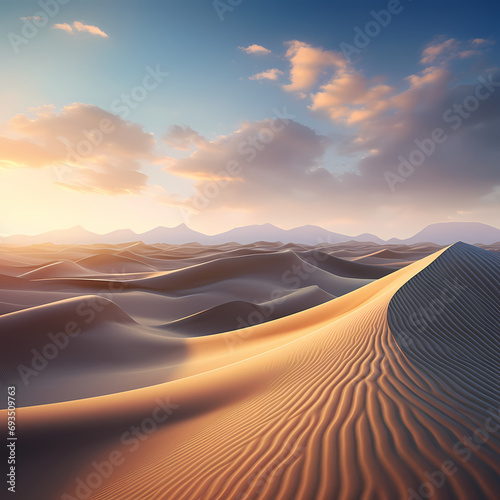 Surreal desert landscape with sand dunes shaped like waves