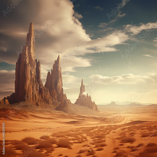 Surreal desert landscape with towering rock spires
