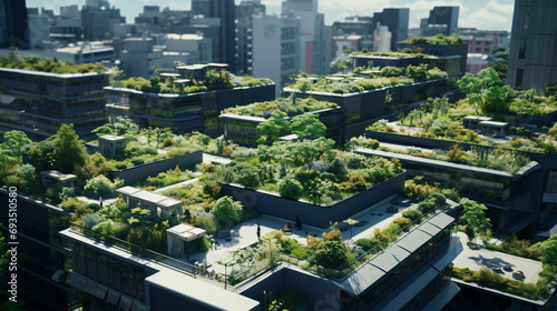 A building with a green roof in an urban environment. photo