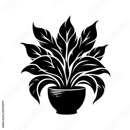 Black silhouette of a single houseplant isolated on a transparent background