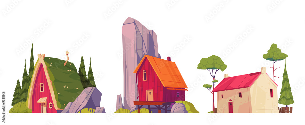 Cartoon natural landscape mini composition with houses collection