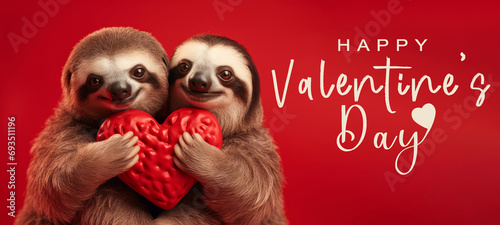 Funny animal Valentines Day, love, wedding celebration concept greeting card - Cute sloth couple holding a red heart , isolated on red background photo