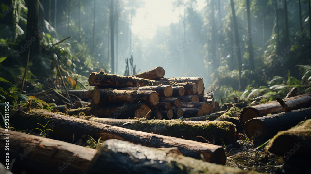 Illegal logging activities in a vibrant rainforest.