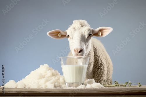 Sheep cheese and milk with sheep on blue background