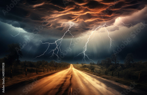 Dramatic spectacle of a storm of lightning heading down a road