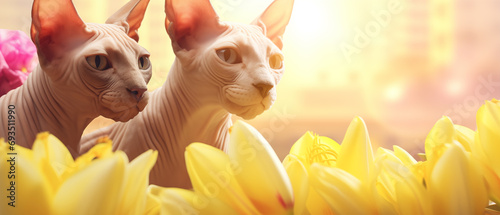 Dois gatos Sphynx e flores amarelas com luz amarela no fundo - Papel de parede