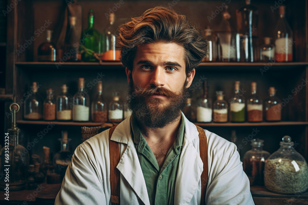 AI generated surreal portrait of mysterious handsome man working in an apothecary