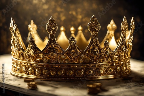 luxurious gold crown sits upon on a table photo