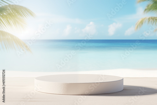 stone light round podium and summer white sand tropical sea blurred background  palms