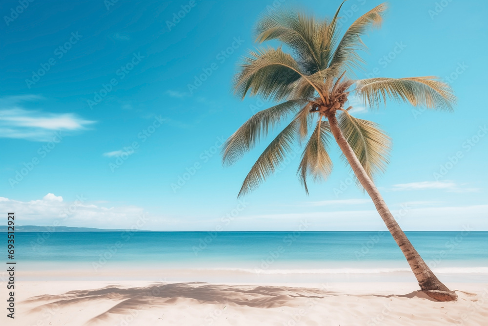 sandy beach with blue sky and tree palm, summer, clear day