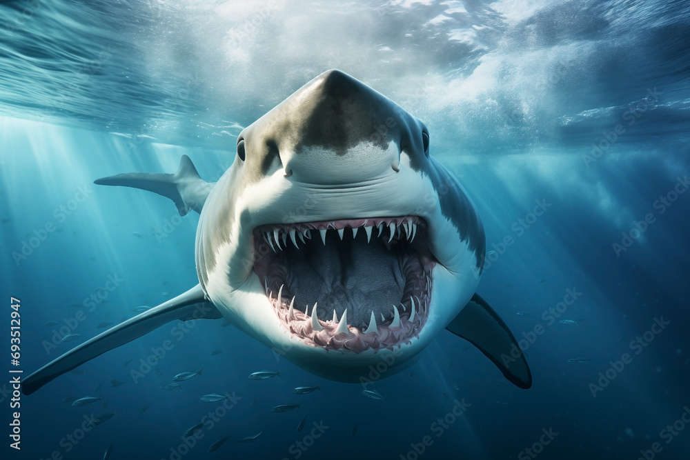 Fototapeta premium shark white oceanic underwater with open mouth with teeth front view, attacker