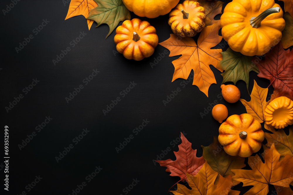 orange maple trees leaves and pumpkin on black background, autumn decoration concept, top view, copy space
