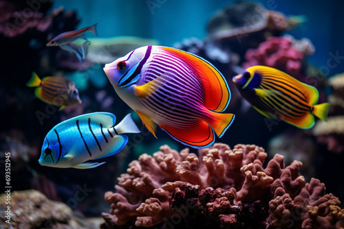 fishes close-up in tropical sea underwater multicolored on coral reef, aquarium oceanarium, wildlife, marine snorkel diving photo