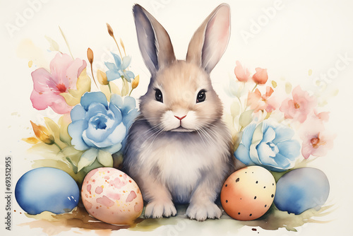 Happy Easter watercolor card. Banner, border with cute Easter rabbit, eggs, spring flowers in pastel colors on white background