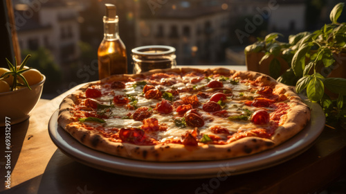 Fototapeta Naklejka Na Ścianę i Meble -  A delicious and tasty Italian pizza with tomatoes and mozzarella on a beautifully served table.
