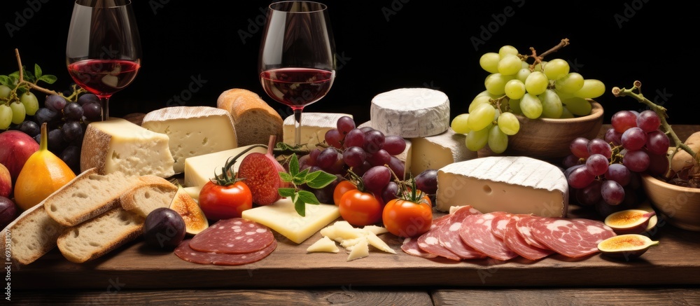 Assorted cheeses, cured meats, fruits, bread, and sauces on a rustic wooden table, served with wine.