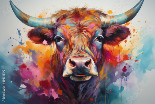 Naklejka Bright and Colorful A Fauvism Style of a Cattle, Generative Ai