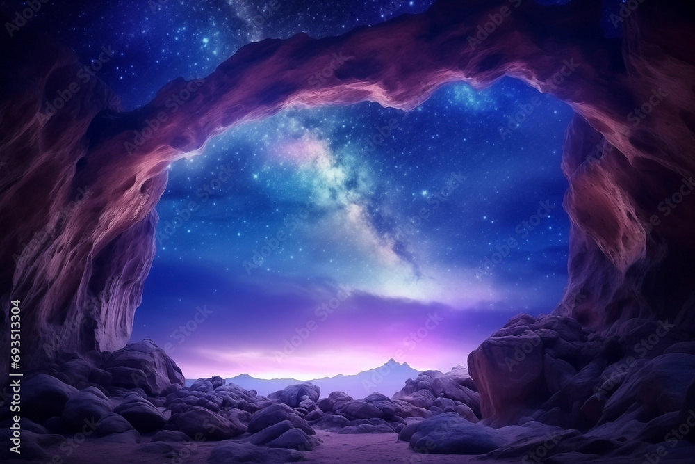 Milky Way arch, fantastic night landscape, purple sky, stars, universe, space background with starry sky, galaxy,  nature