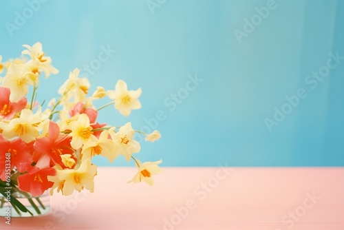 spring flowers on tabletop against pastel blue background. Spring awakening concept. Generative AI