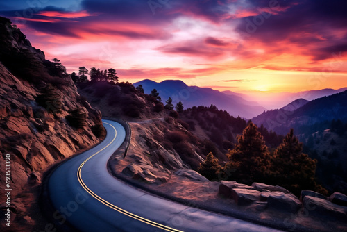 mountain road serpentine, colorful sunset, curved roadway, rocks, stones, blue sky