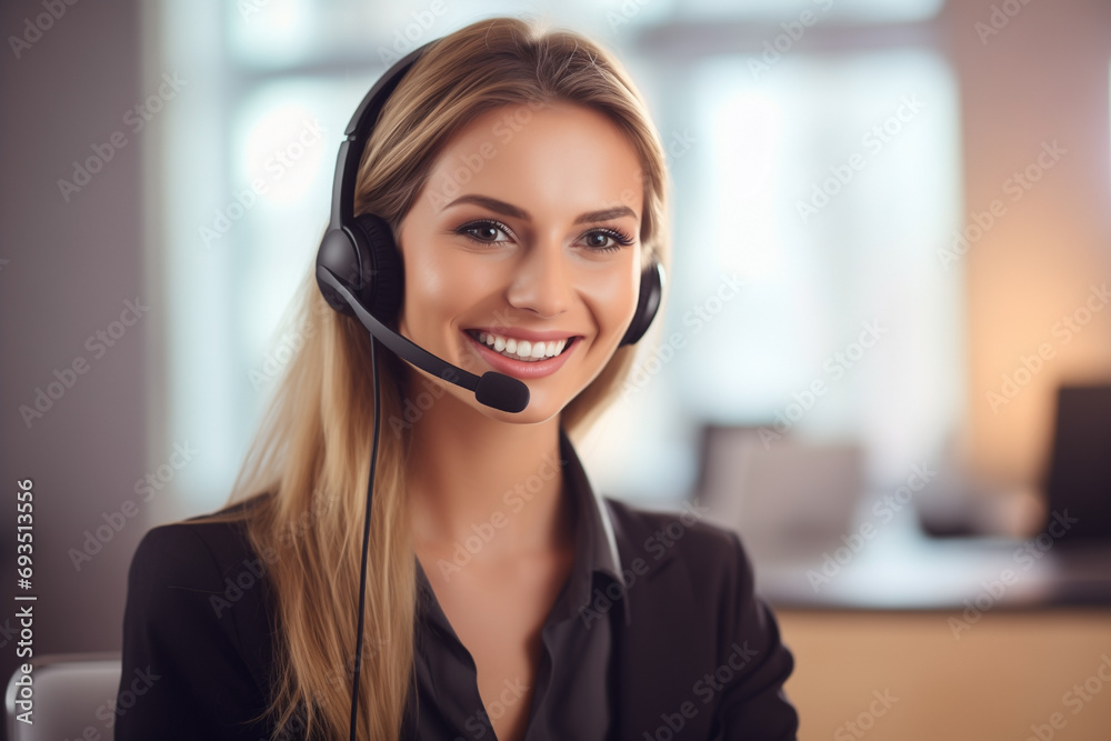 happy smile woman blonde from call center with headphones with microphone, blurred background happy smile woman blonde from call center with headphones with microphone, blurred background