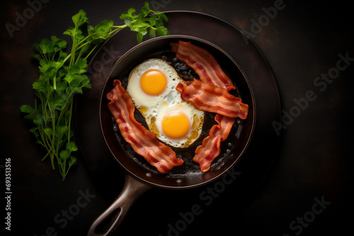 fried eggs with bacon in frying pan with oil, top view