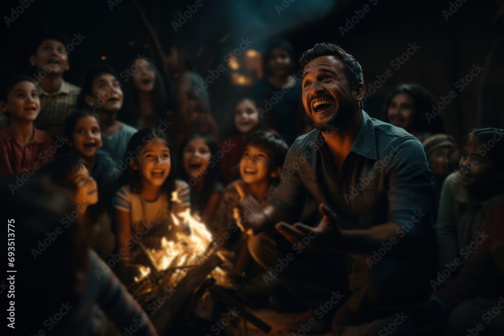 Fototapeta premium A storyteller captivating an audience with a tale, portraying the narrative's power as a catalyst for emotions and imagination. Generative Ai.