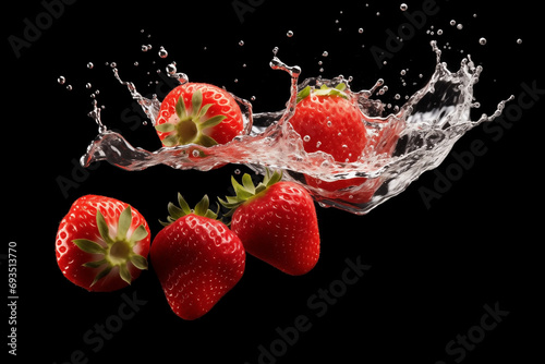 strawberries flying and splashes of clear water close-up, black background