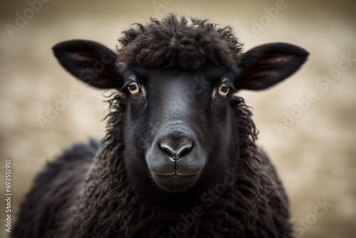 head of black sheep close-up, looks at camera, selective focus