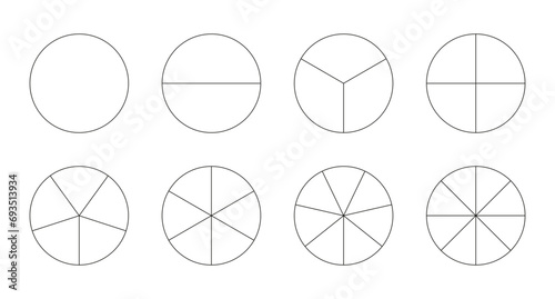 Set of pizza charts. Segmented charts. Pie chart templates. Sectors divide the circles on equal parts. Outline black thin graphics. Segments infographic. Diagram wheel parts. Vector illustration. Eps. photo