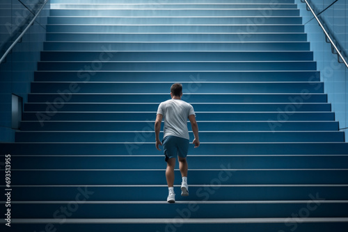 man sport running up staircase while exercising, blue sneakers, back view