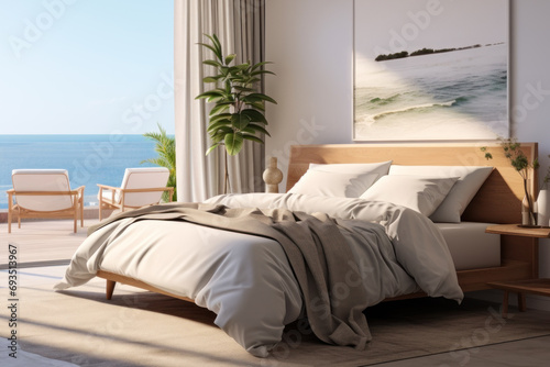 bedroom bed with panoramic sea view. generative ai © Fukume