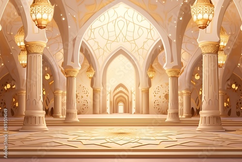 Illustration of Ramadan Kareem background with mosque and golden confetti photo