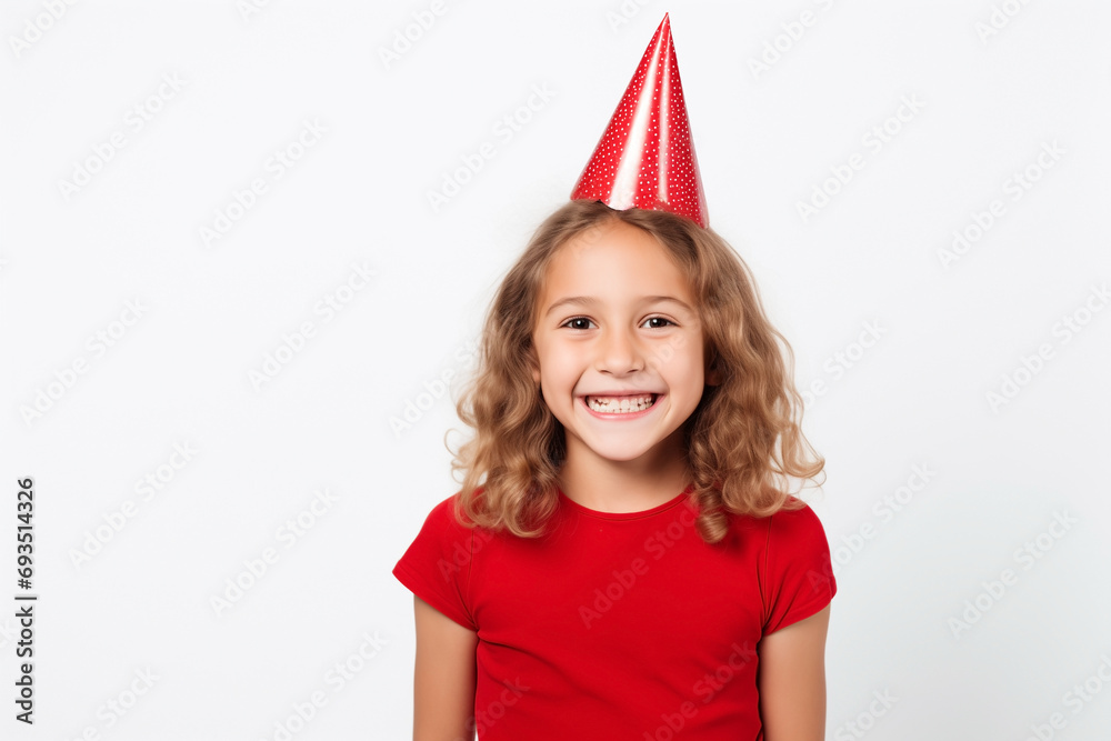 girl with red festive cone on her head, white background girl with red festive cone on her head, white background