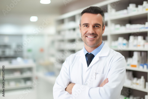 pharmacist man, smiling, against blurred background of shelves with medicines