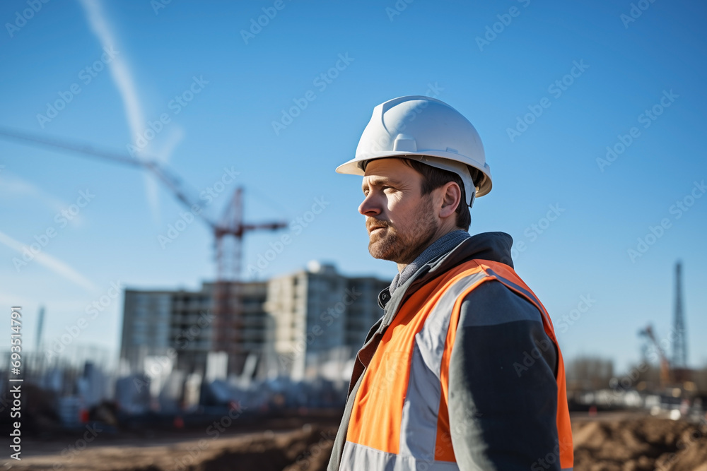 engineer man in white helmet on construction site at clear day engineer man in white helmet on construction site at clear day