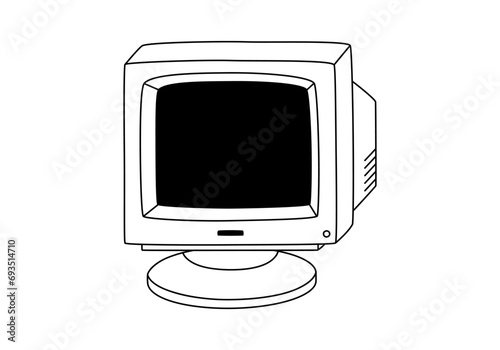 Hand drawn cute outline illustration of retro pc monitor. Flat vector old computer sticker in line art doodle style. Vintage office or programmer device icon or print. Information technology. Isolated