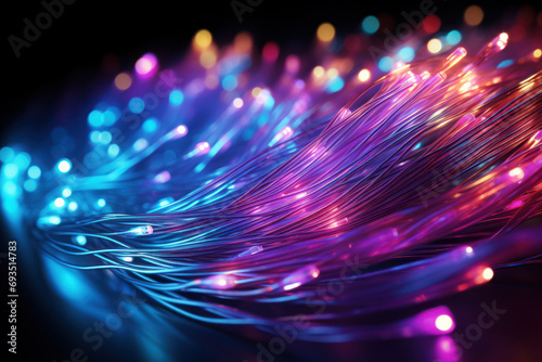 Fiber optic strands emitting a soft and colorful luminescence, demonstrating the versatility of light in modern communication technologies. Generative Ai.