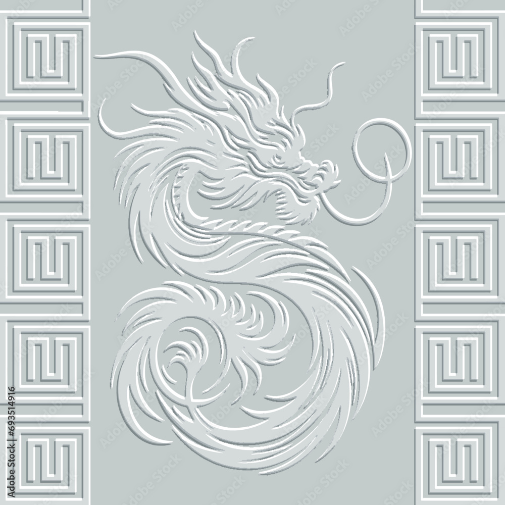 White Ornamental emboss 3d chinese dragon seamless border pattern