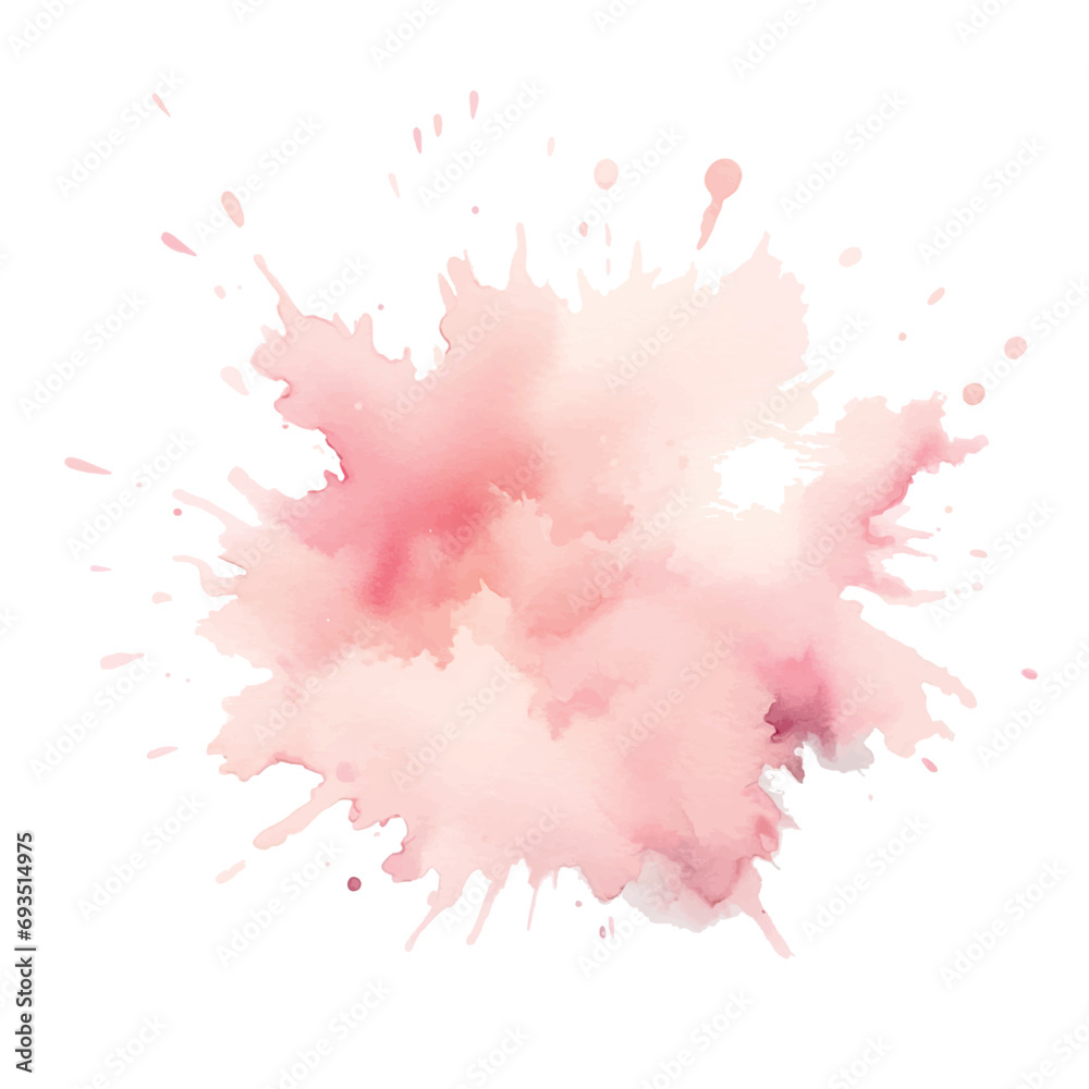 Red and pink watercolor splash splatter stain brush stroke spray with wet effect on white background. Modern salmon pink color aquarelle spot. Trendy isolated design on white. Vector watercolor