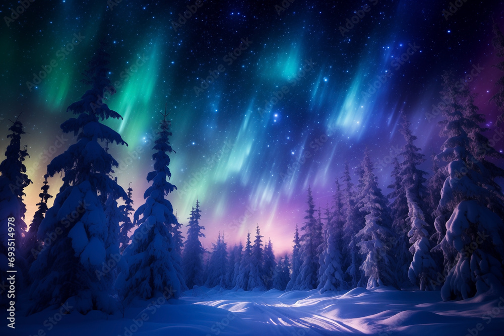 aurora green blue borealis over frosty coniferous forest, winter, trees in the snow aurora green blue borealis over frosty coniferous forest, winter, trees in the snow