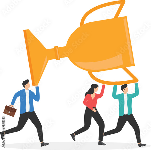 Team achievement, teamwork, collaboration, work together to achieve business goals, winning awards or success, partnership or participation, business team people celebrate and help carry the big winne photo