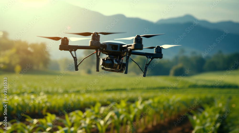 Drones equipped with AI monitoring crop fields.