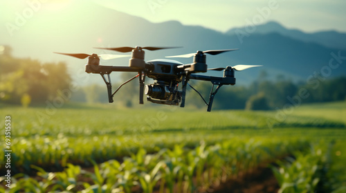 Drones equipped with AI monitoring crop fields.