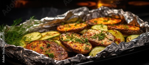 Baked potatoes and zucchini on a sheet with blurred background.
