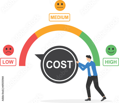 Businessmen turning the cost dial to a low. Cost cutting and efficiency concept. Modern vector illustration in flat style

