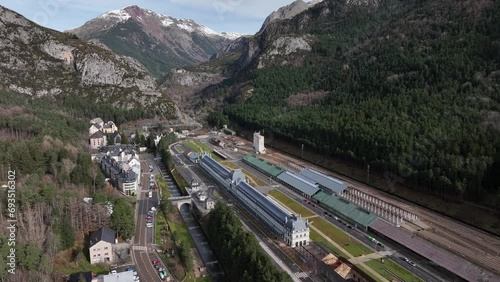 International Tran Station in Pyrenees. Canfranc Estación, Spain. Aerial drone footage of railway located on the French border. Royal Hideaway Hotel